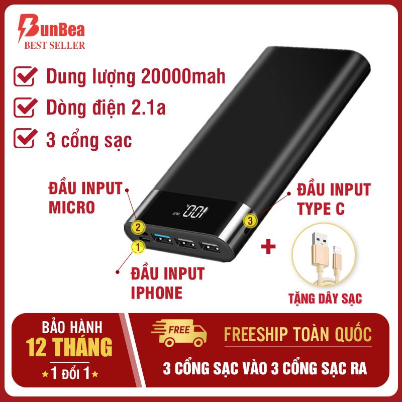 Pin Sạc dự phòng chuẩn 20000mah 3 cổng input 3 cổng output dòng ra 2.1A sạc nhanh màn hình led hiển thị sac du phong 3 cổng sạc vào iphone, android, type c power bank sac du phong tương thích mọi điện thoại B b7
