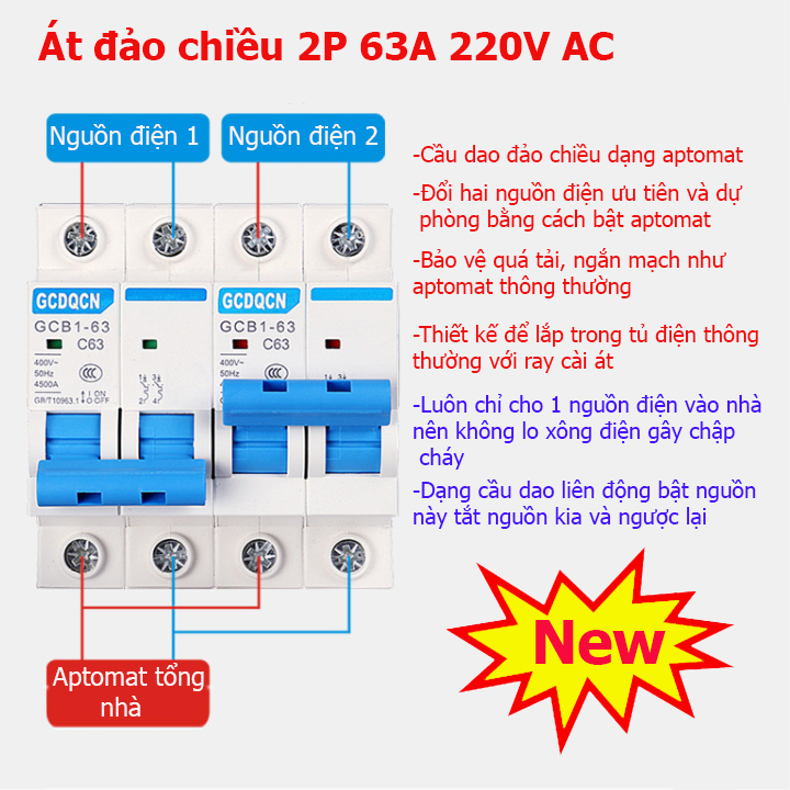 Át đảo chiều 2P 63A cầu dao đảo chiều dạng aptomat - át chuyển nguồn TAIXI