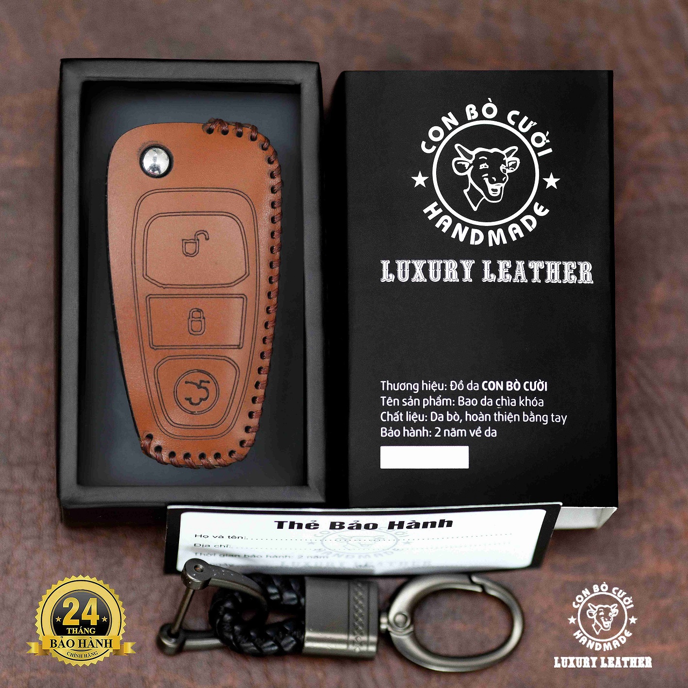 Bao Da Chìa Khóa xe ô tô FORD Chìa gấp Ranger XLS, XLT 2014-2017, ECOSPOST Da bò Thật, Giá tận Xưởng, Bảo hành 2 năm