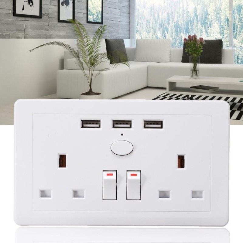 3 USB Fast Charger Ports+2 UK Plugs+2 Switch Multi-function Wall Socket Plate White - intl