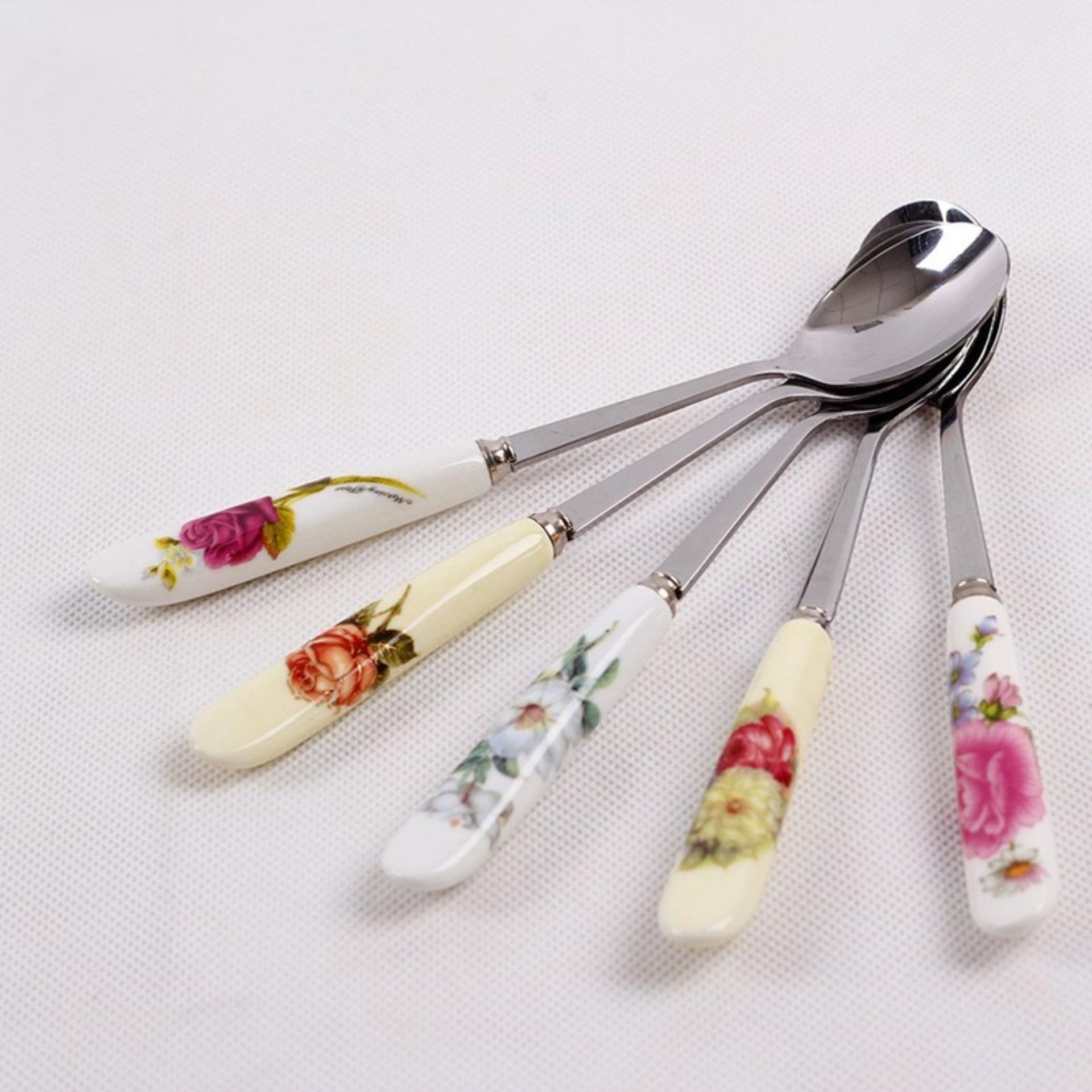 Bộ 6 thìa + 6 dĩa inox chuôi sứ cao cấp