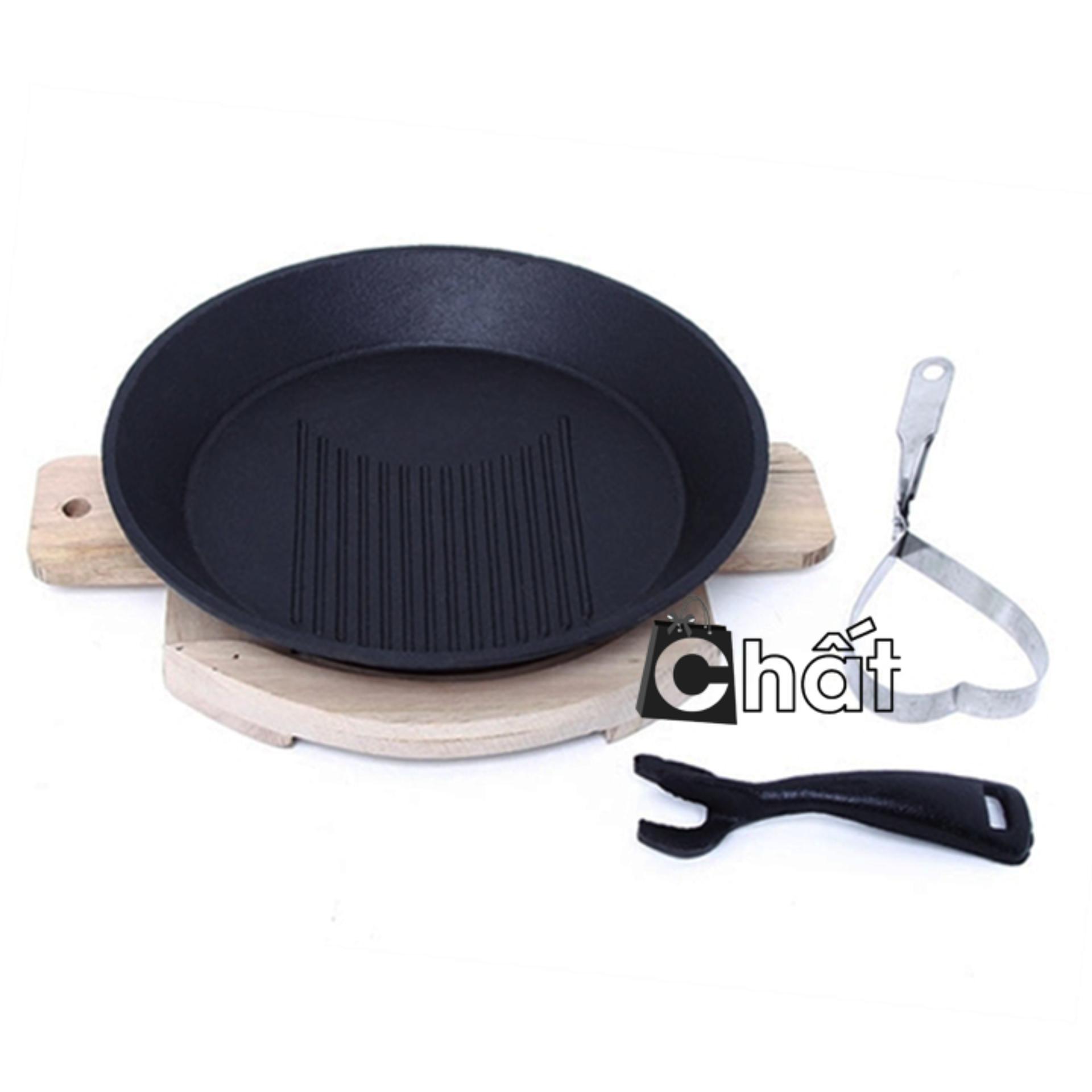 Bộ Chảo Gang Bò Né Chống Dính Tròn Kèm Đế Gỗ Tay Cầm Và Khuôn Tạo Hình