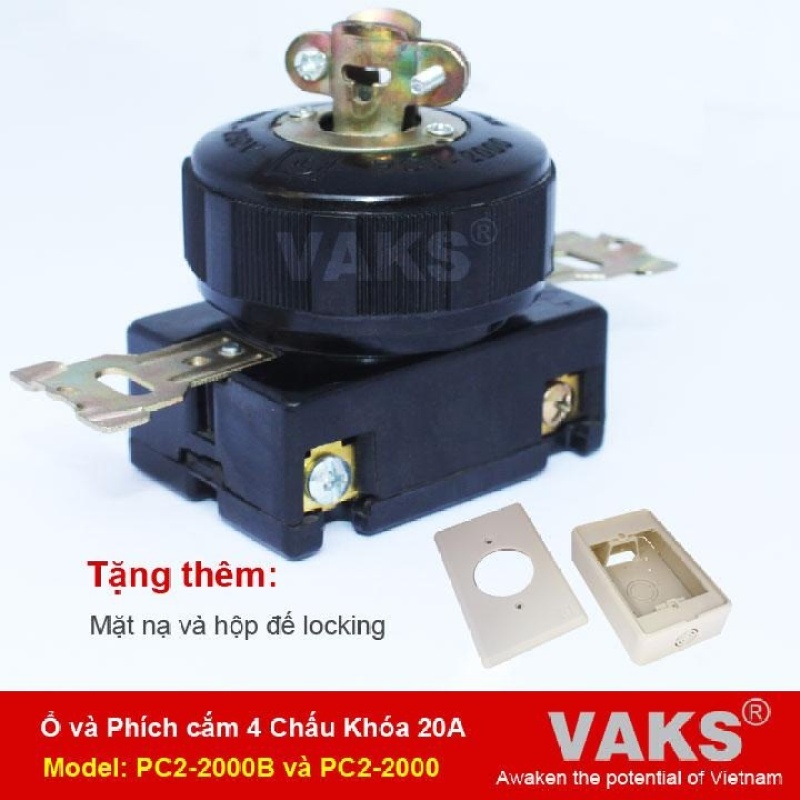 Bảng giá Bộ phích cắm (PC2-2000) và ổ cắm locking (PC2-2000B) 3 pha 4 chấu khóa 20A + tặng mặt nạ và hộp đế nổi