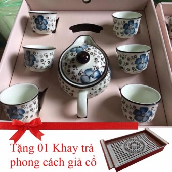 Bộ tách trà kiểu dáng Nhật Bản Cao cấp (Màu xanh dương)(Tặng 01 Khay ấm chén giả cổ)  