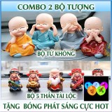 Combo 2 bộ tượng gốm lạnh nhật: chú tiểu tứ không + 5 thần tài phúc lộc thọ + Tặng free bóng bay phát sáng