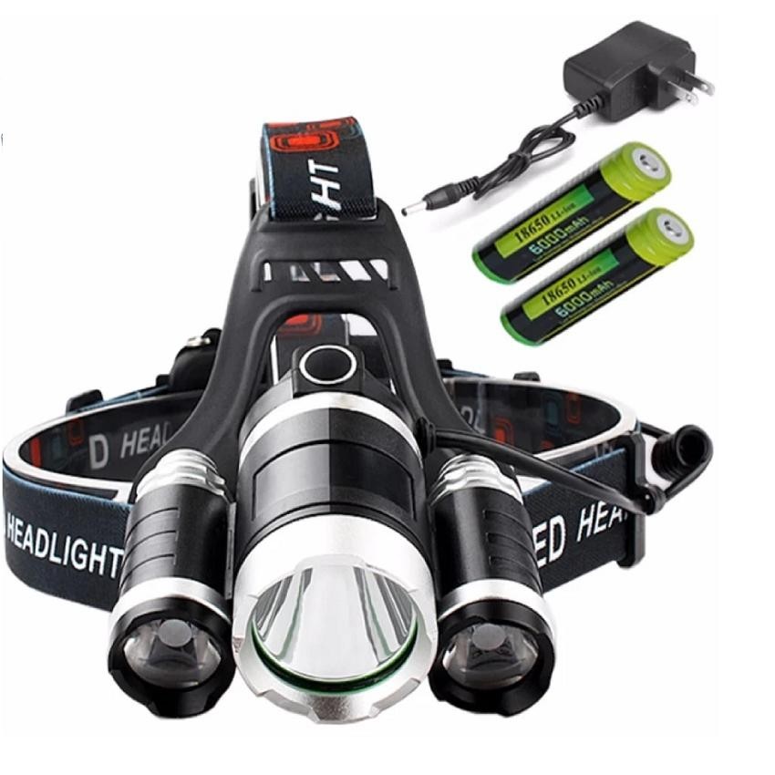 Đèn pin led siêu sáng đội đầu 3 bóng + kèm hai pin + kèm thêm sạc- hàng nhập khẩu loai 1