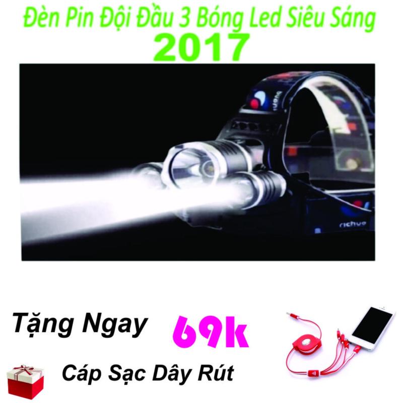 Bảng giá Mua Đèn Pin Led Đội Đầu Siêu Sáng 3 Bóng- Loại 1 2017 + Cáp Sạc Dây Rút Đa Năng