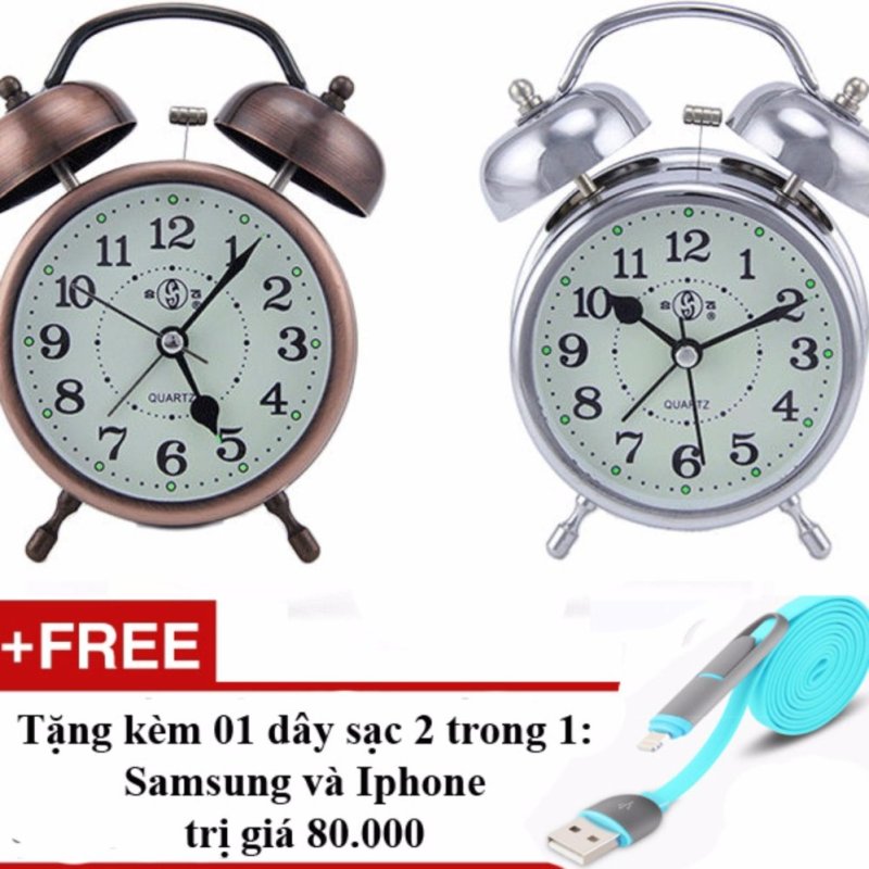 Nơi bán Đồng hồ báo thức kim loại mạ đồng có dạ quang ban đêm + Tặng cáp sạc điện thoại 2 trong 1 cho Iphone và Samsung (Đồng đỏ)