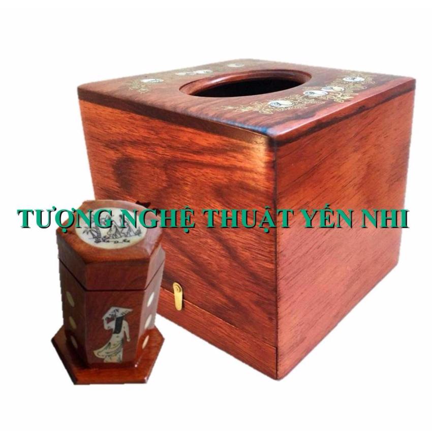 Hình ảnh Hộp đựng khăn giấy vuông kèm ống tăm cao cấp gỗ hương lọng hoa văn