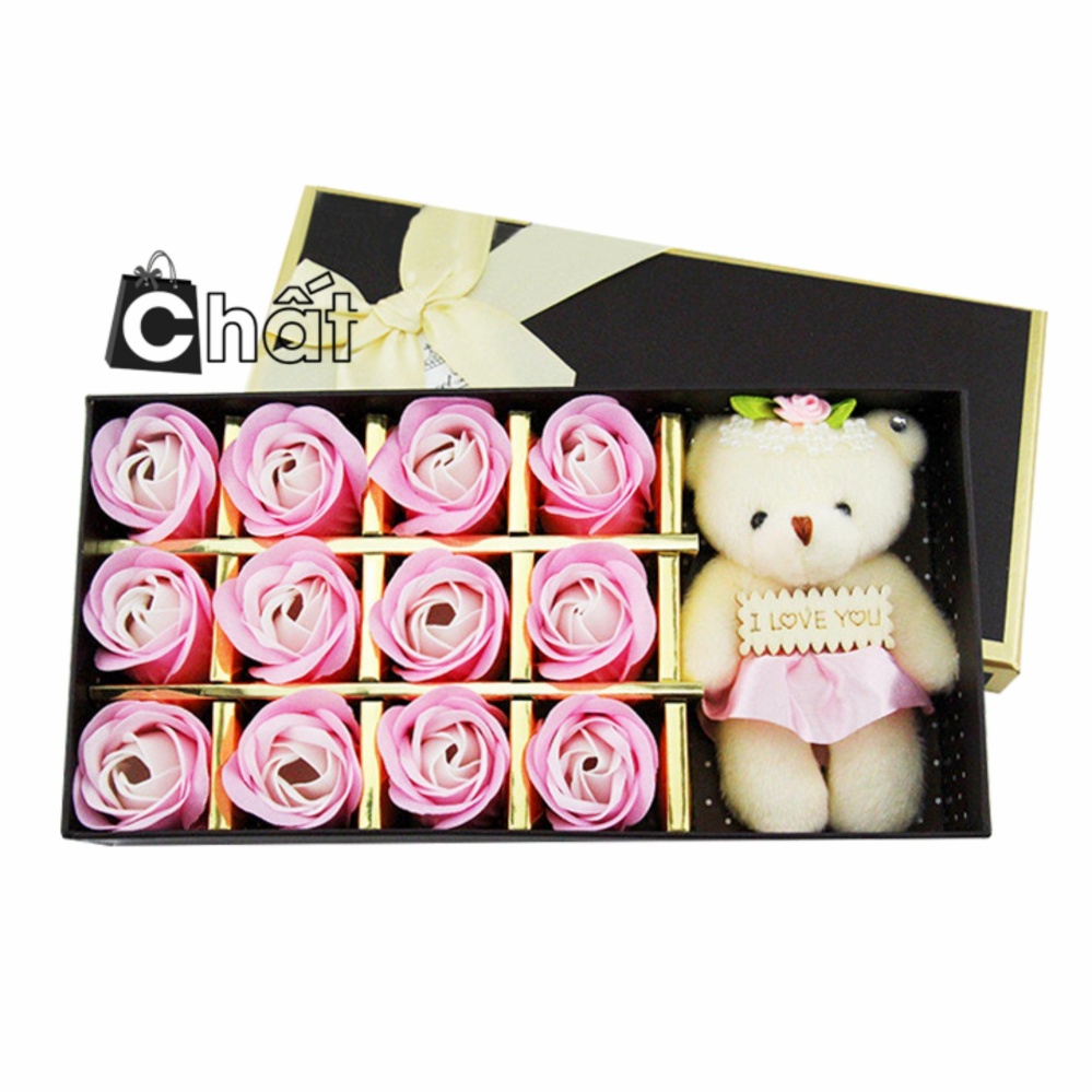 Quà valentine – hộp sweet love 12 hoa hồng sáp kèm gấu bông