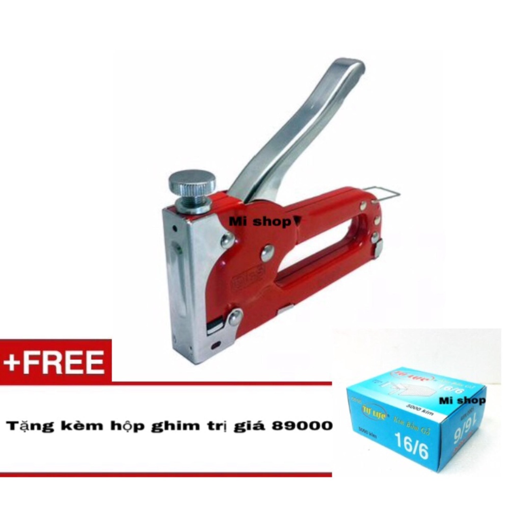 Dụng cụ bắn ghim cầm tay có điều chỉnh tăng lực (Đỏ) bấm đinh ghim lên gỗ, ván ép, tập, sách, bao bì giấy, nhựa…  + Hộp ghim 16/6