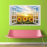 Tranh dán tường 3D  khung cửa xổ hoa hướng dương CH96