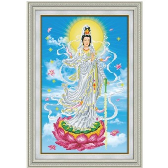 Tranh thêu chữ thập Phật bà quan âm đứng trên hoa sen DLH-YA1124-Siêu thị tranh thêu