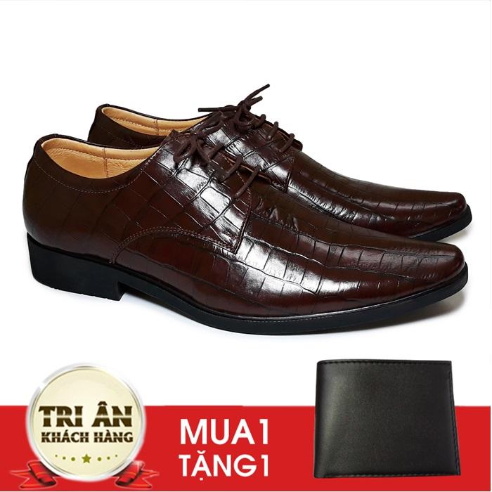 Giày tây nam da bò, da bò thật được dập vân cá sấu đẳng cấp, đế cao su đúc được may chắc chắn, có rãnh chống trượt an toàn HS19 - Tặng Ví Da Nam, Happyshoesvn