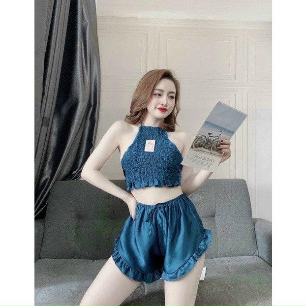 Sét bộ satin nhún cổ yếm sexy dưới 55kg-đt