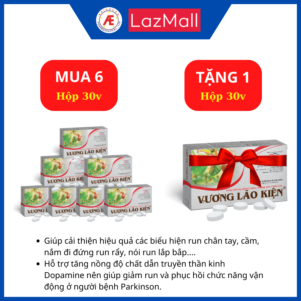 Vương Lão Kiện - hỗ trợ giảm run tay chân - COMBO 6 hộp Vương Lão Kiện 30 viên tặng 1 hộp 30v