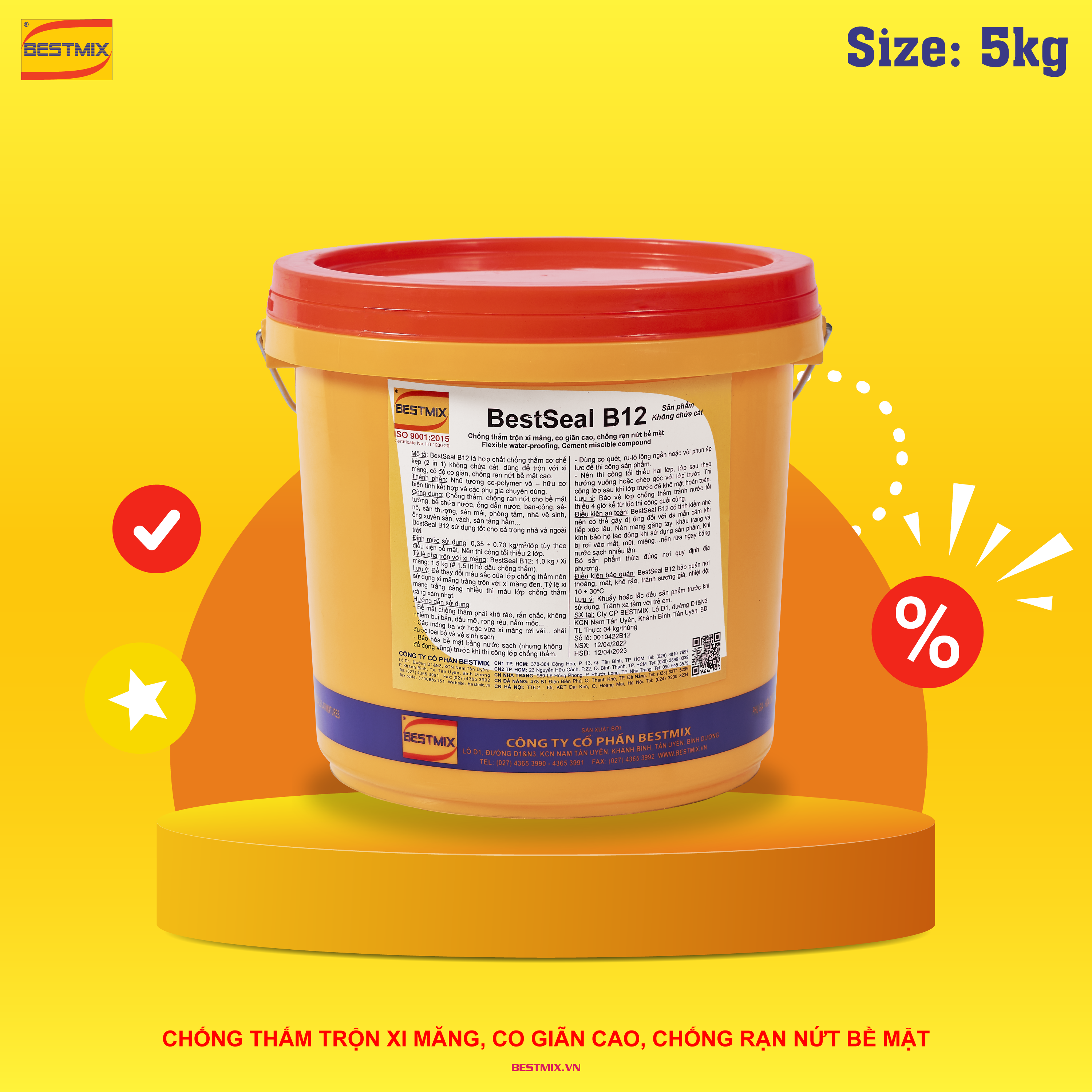 BestSeal B12 - Chống thấm trộn xi măng hiệu quả nhất tại Việt Nam, dùng cho chống thấm tường, sàn và chống nứt rạn chân chim bề mặt - Thùng 5Kg