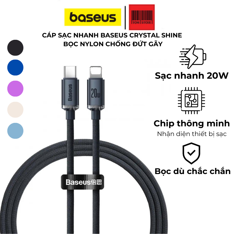 Dây sạc nhanh 20w Baseus Crystal Shine bọc Nylon chống đứt gãy Đầu Cáp Aluminum Tomstore, cáp sạc nhanh PD 20w dành cho iphone, ipad