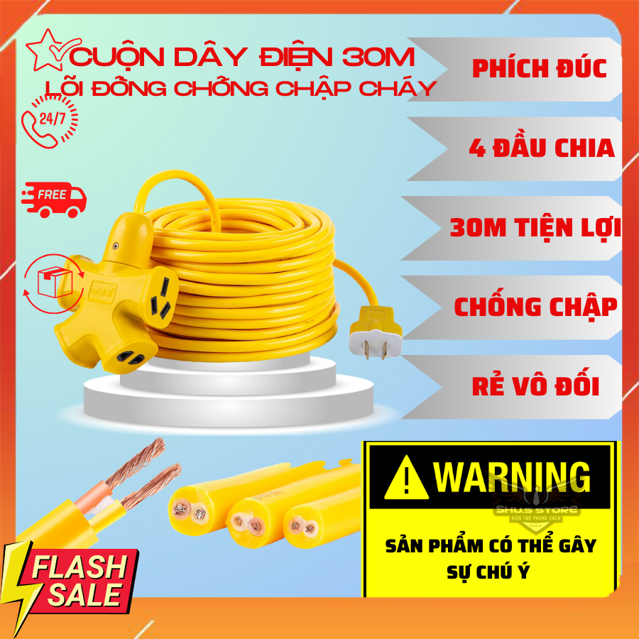 Cuộn dây điện 30m lõi đồng kèm ổ cắm, phích cắm đúc chịu lực cao