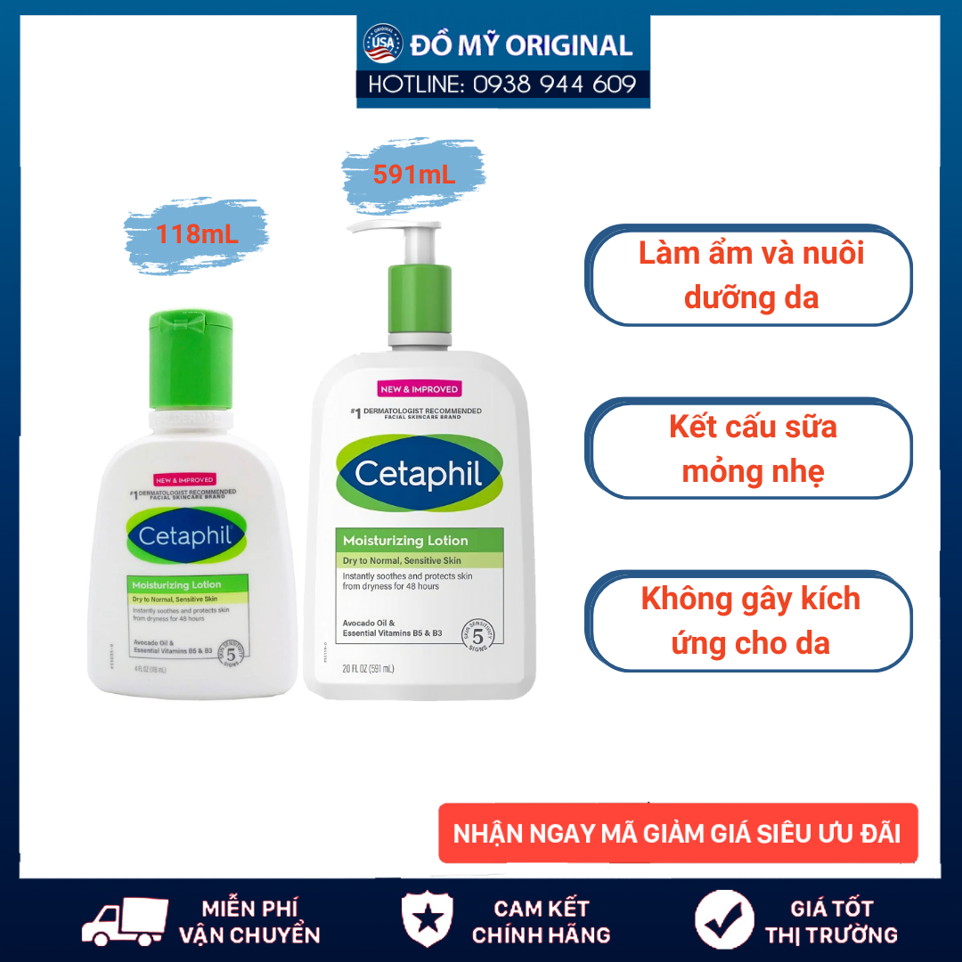 Sữa Dưỡng Ẩm Cetaphil Moisturizing Lotion 118ml - 591ml Hàng Nhập Mỹ Toàn Thân Dưỡng Trắng Da Tăng Độ Mềm Mịn Giúp Da Sáng