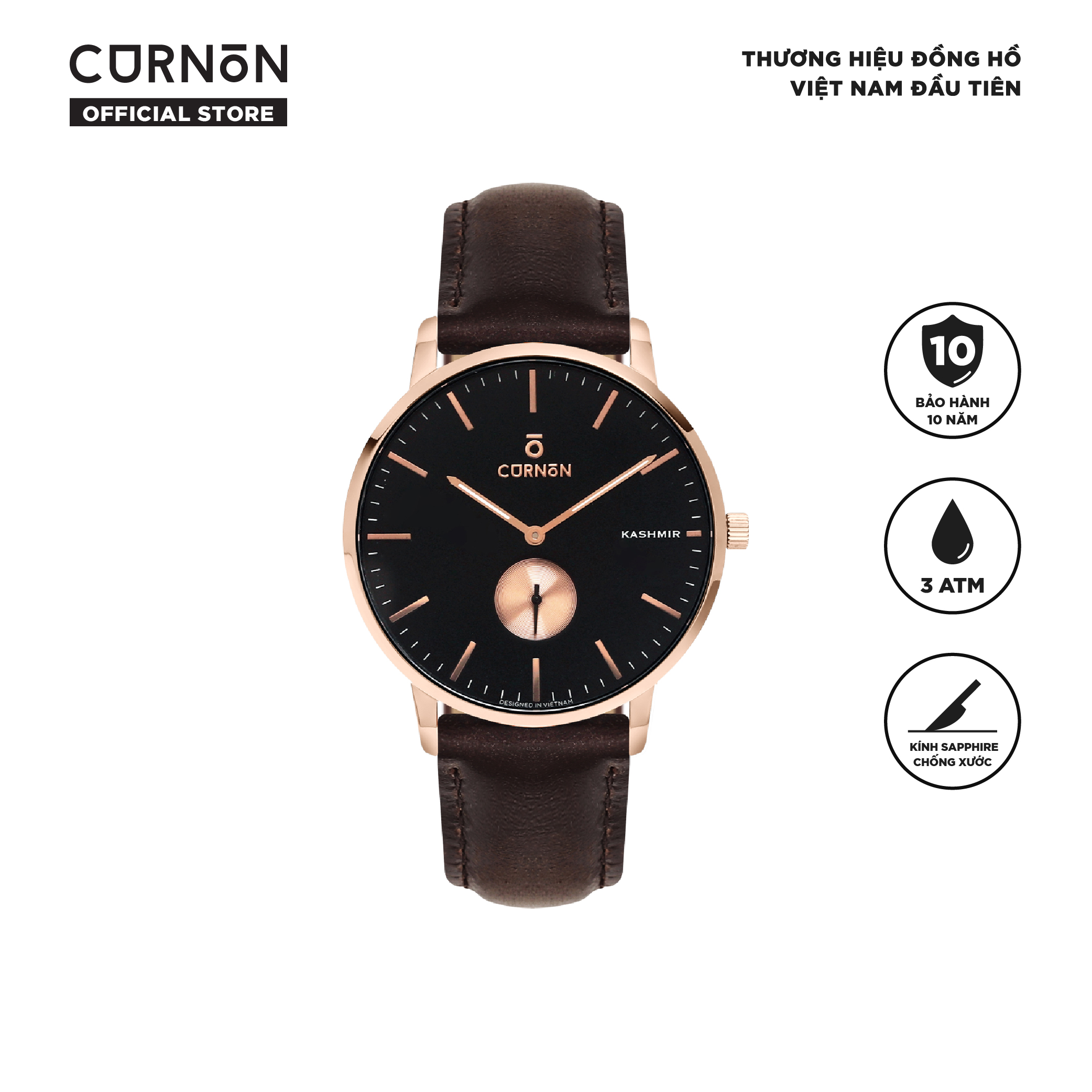 Đồng hồ nam Curnon Kashmir Dapper dây da cao cấp - Thiết kế 3 kim thời trang - Kính Sapphire, chống nước 3ATM - Hàng chính hãng