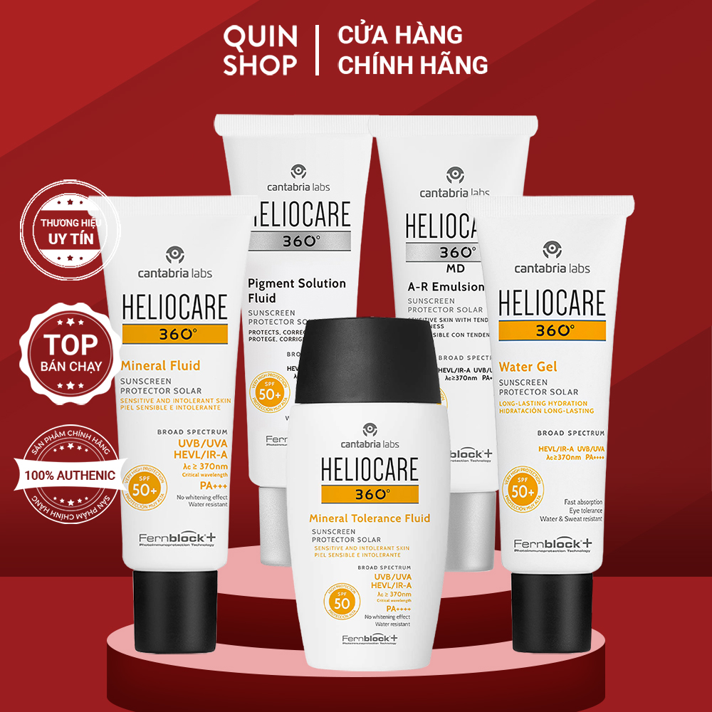 Kem Chống Nắng Cho Da Nhạy Cảm Heliocare 360 Water Gel, Pigment Solution, Mineral Tolerance Fluid, MD A-R Emulsion