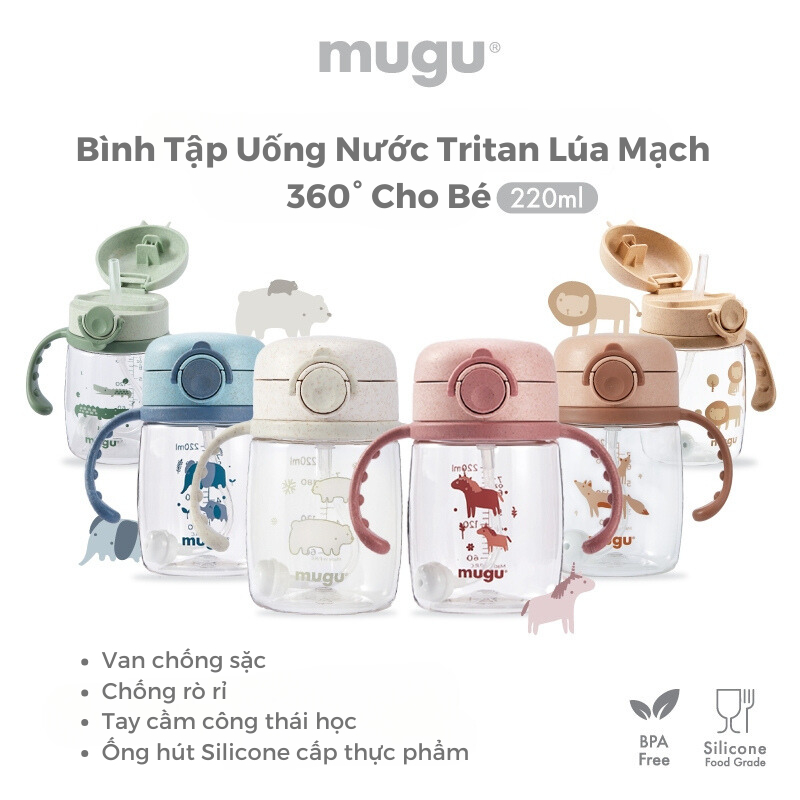 [CHÍNH HÃNG] Bình Tập Uống Uước mugu Từ Tritan Và Sợi Lúa Mì Wheat Straw Cao Cấp Cho Bé, Van Chống Sặc, Chống Rò Rỉ, 360 Độ (220ml) MGWB2201