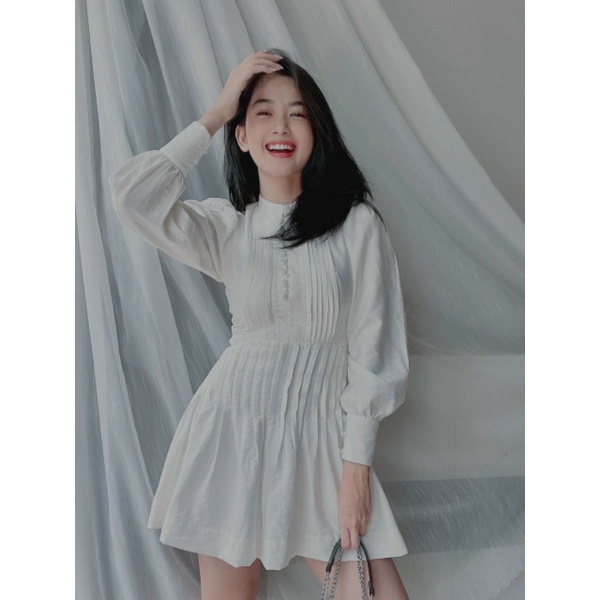 Đầm trắng babydoll nút xếp ly Lin Dress