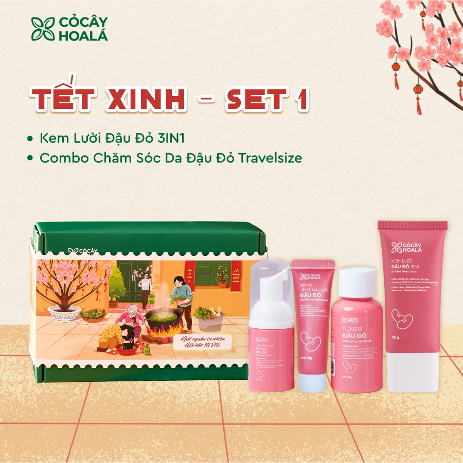 [SET QUÀ TẾT 2026-CHĂM DA XINH] Combo Chăm Da Minisize Thảo Dược Cỏ Cây Hoa Lá: Sữa Rửa Mặt Đậu Đỏ 30g, Mặt Nạ Tẩy Da Chết Đậu Đỏ 2in1 10g, Toner Đậu Đỏ 30g, Kem lười Đậu Đỏ 3in1 - Làm sạch, Dưỡng Da, Hỗ Trợ Cấp Ẩm, Hỗ Trợ Tẩy Da Chết Skincare