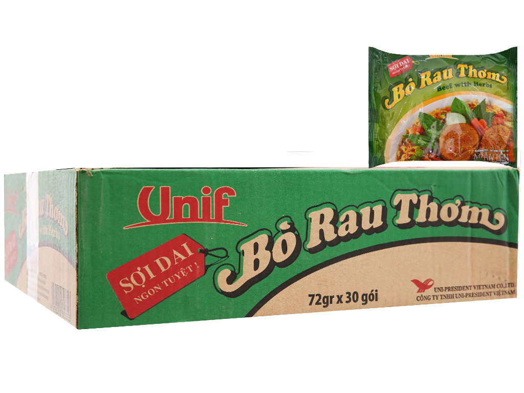 Thùng 30 gói mì Unif vị bò rau thơm 72g