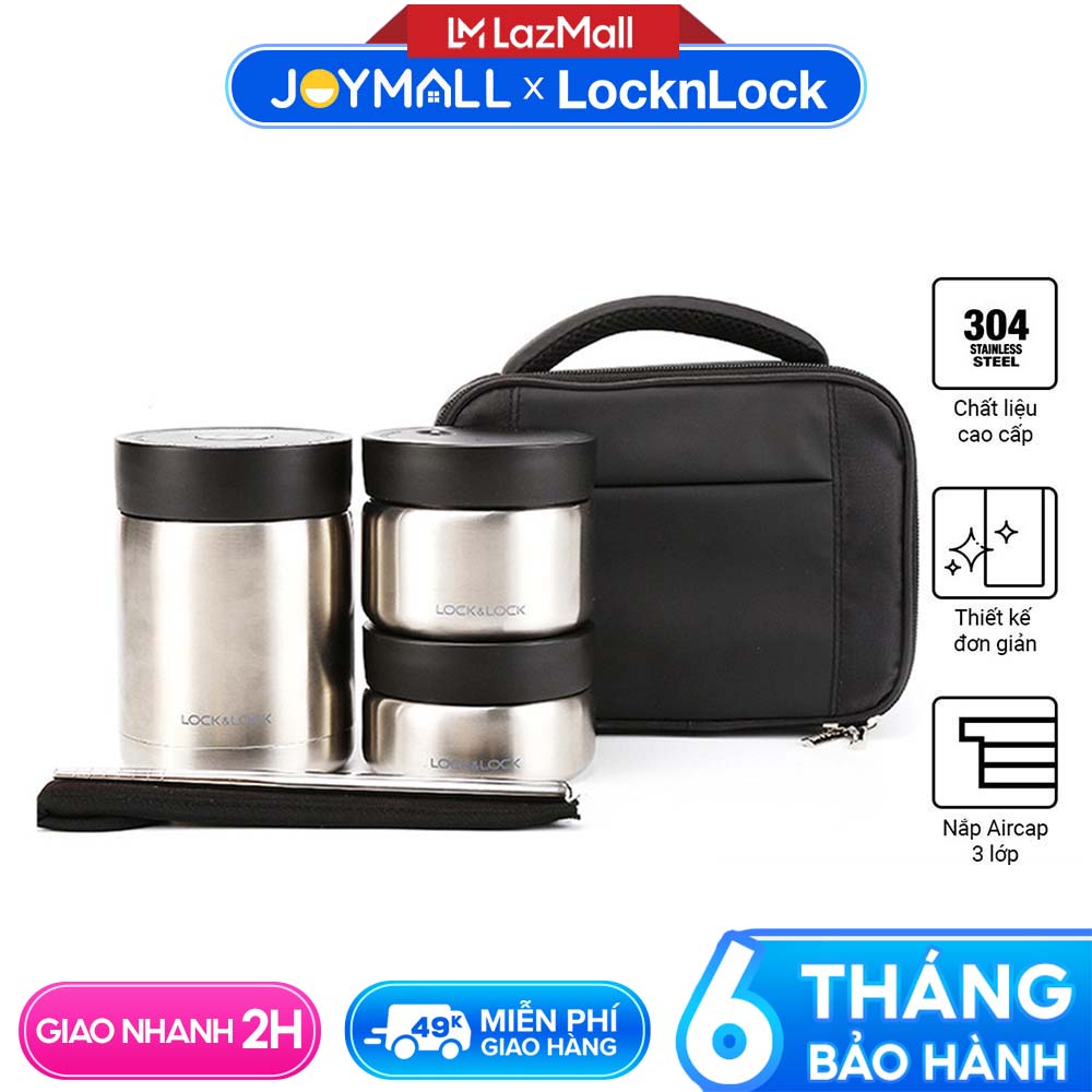 Bộ hộp cơm giữ nhiệt Lock&Lock bằng thép không gỉ màu bạc LHC8031SLV - Hàng chính hãng, cấu tạo 4 lớp giữ nhiệt đến 6h và kèm 1 bộ đũa - JoyMall