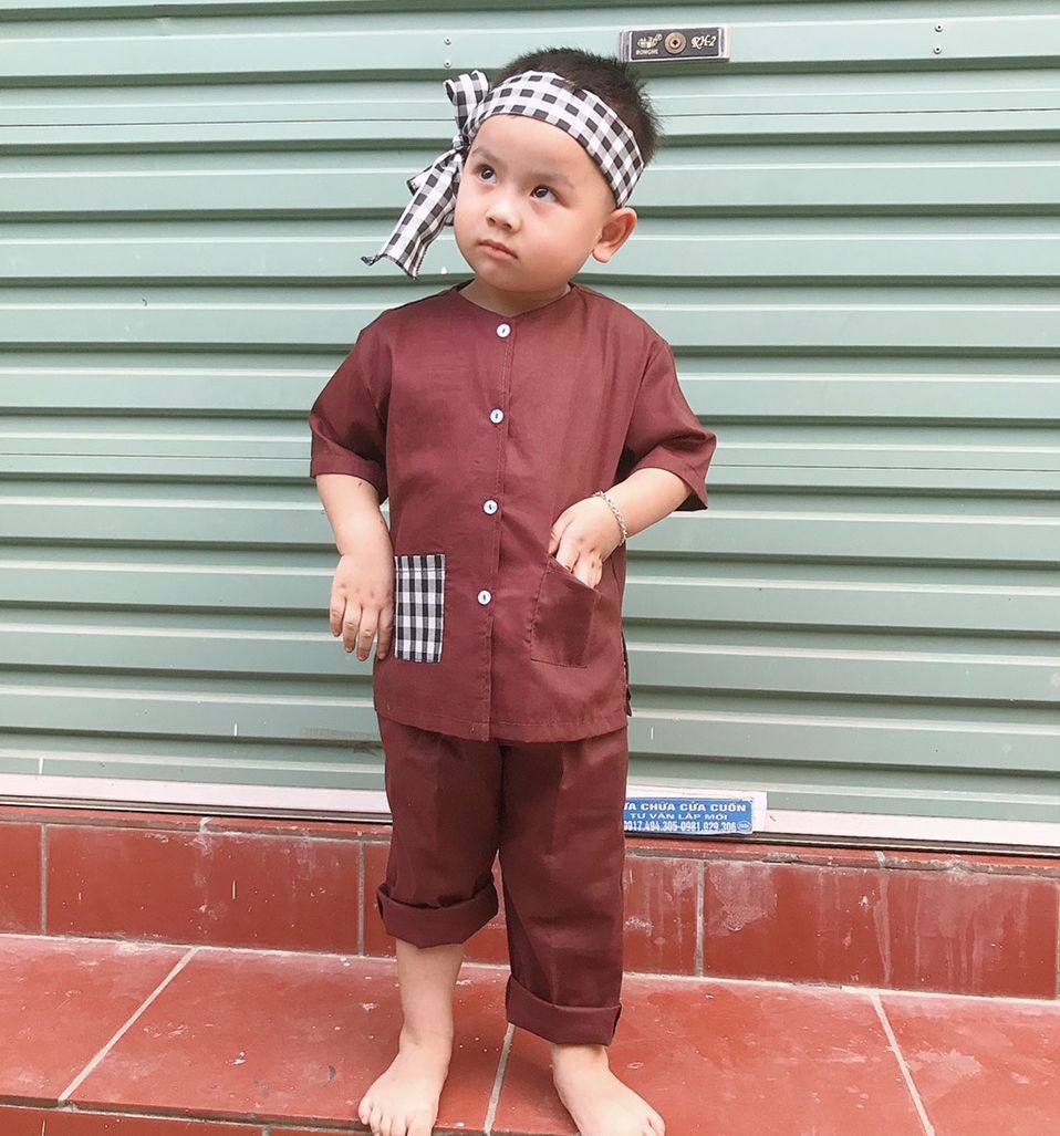 ✅ bộ nông dân + khăn rằn cho bé trai, gái. sét quần áo bà ba nam bộ màu nâu nông dân nhí chính hiệu vải cotton