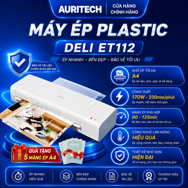 Máy Ép Plastic Khổ A4 Deli - Máy Ép ET112 Phù Hợp Ép Màng Ảnh, Poster, Văn Phòng Trường Học