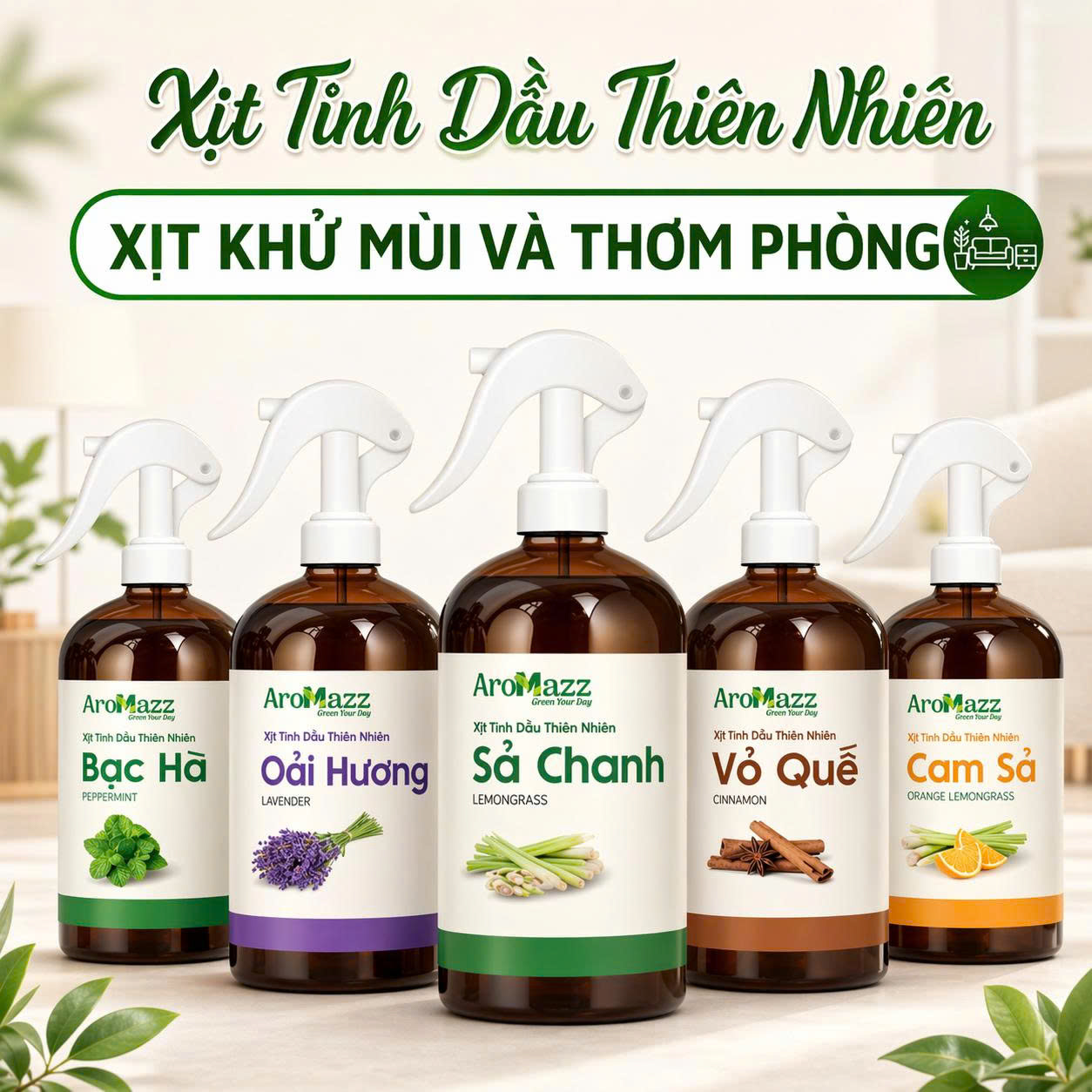 Xịt Tinh Dầu Thơm Phòng Khử Mùi Từ Tinh Dầu Thiên Nhiên AroMazz Sang Chảnh Như Khách Sạn 5 Sao Nhiều Mùi Sả Chanh, Oải Hương, Cam Sả, Bạc Hà, Vỏ Quế Chai Lớn 300ml