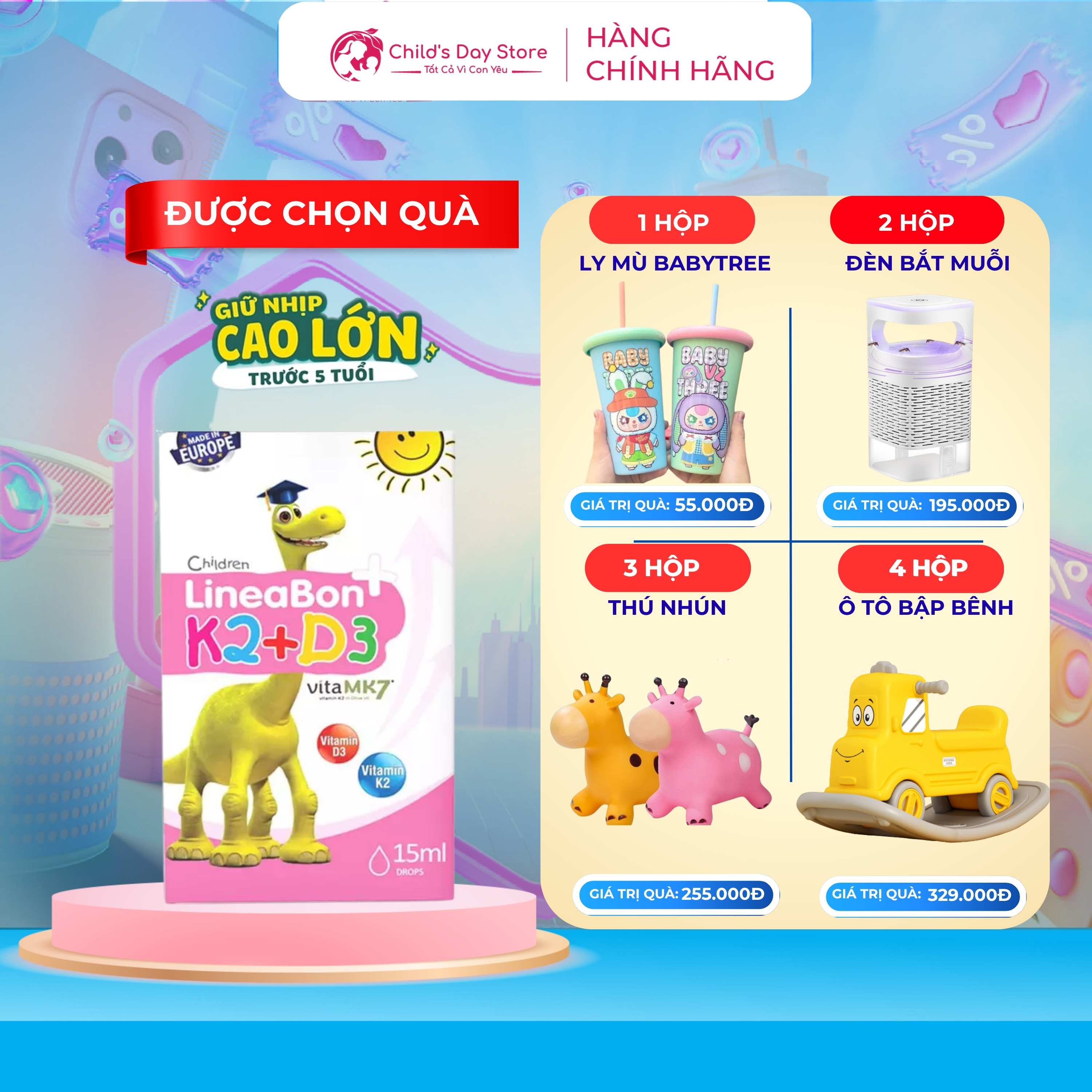  LineaBon vitamin D3K2. Hỗ trợ hấp thu canxi  cho trẻ phát triển chiều cao. Dung tích 15ml. Childs day store 