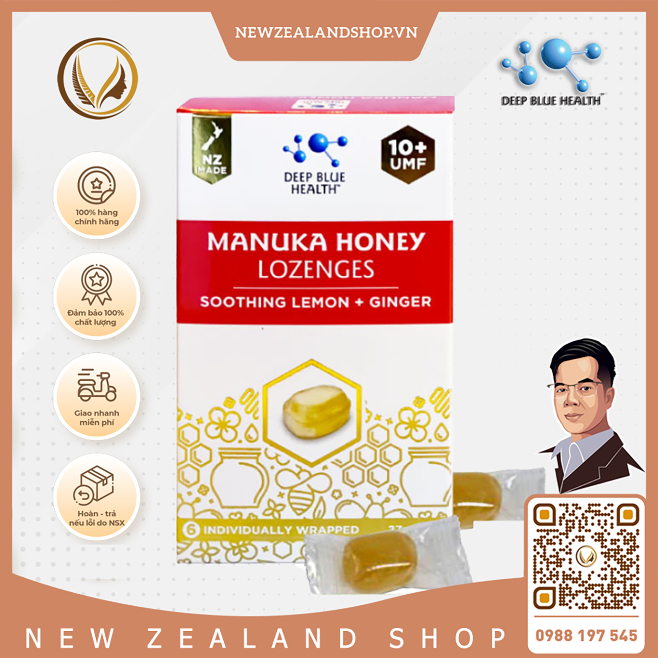 Kẹo ngậm mật ong chanh & gừng Manuka UMF 10+ Honey Lozenges 6 viên