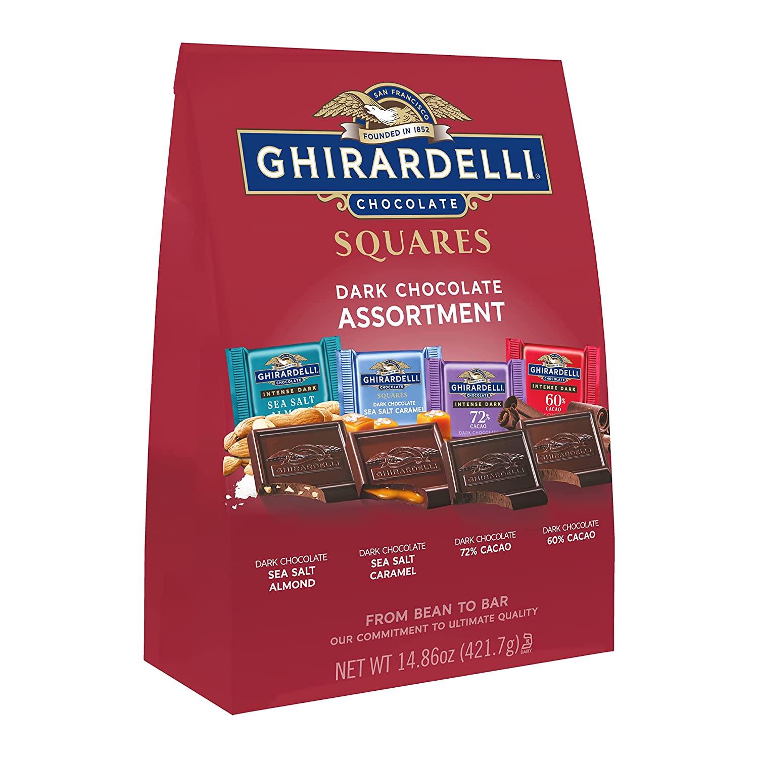 Túi 4 loại socola đen miếng vuông ghirardelli dark assorted squares xl bag - hạnh nhân almond, caramel muối biển, 60% và 72% cacao, 421.7g