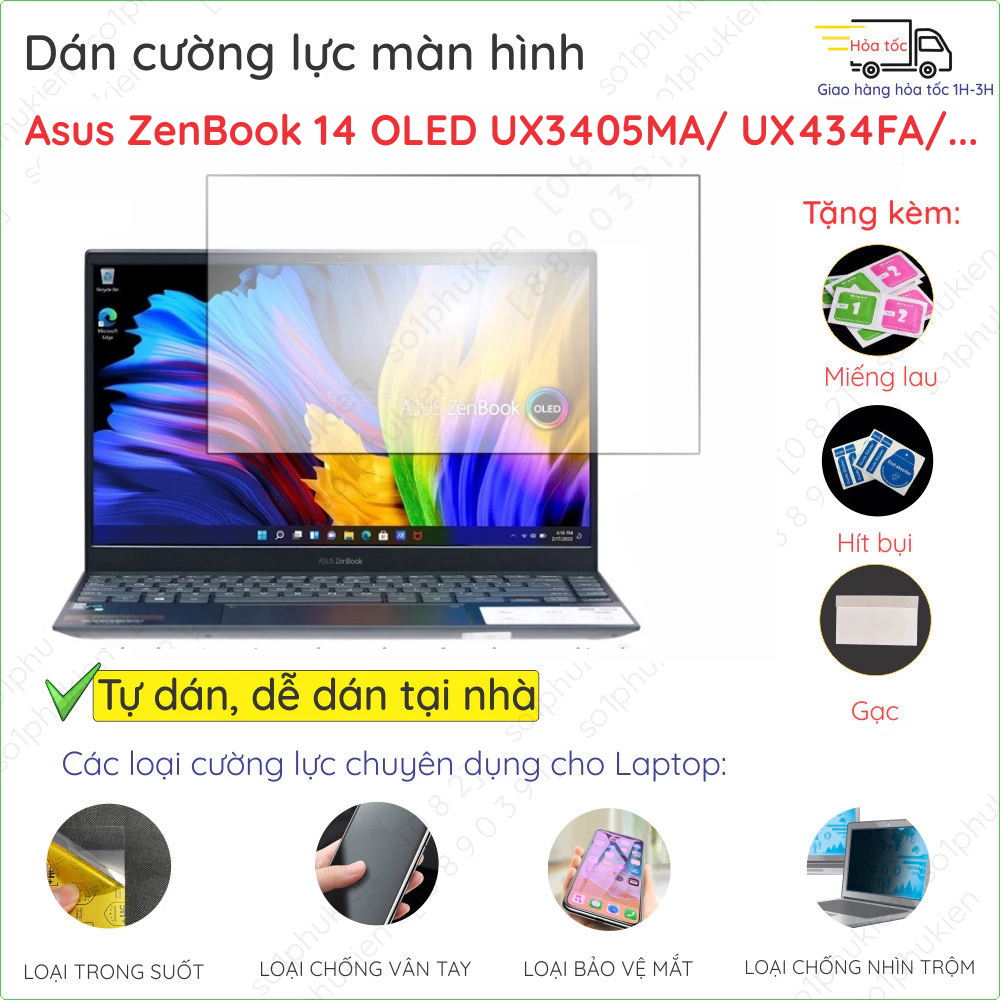  Dán cường lực màn hình Laptop Asus ZenBook 14 OLED UX3405MA UX434FA inch  A6116T  loại nano dẻo trong suốt nhám chống vân tay bảo vệ mắt chống nhìn trộm 
