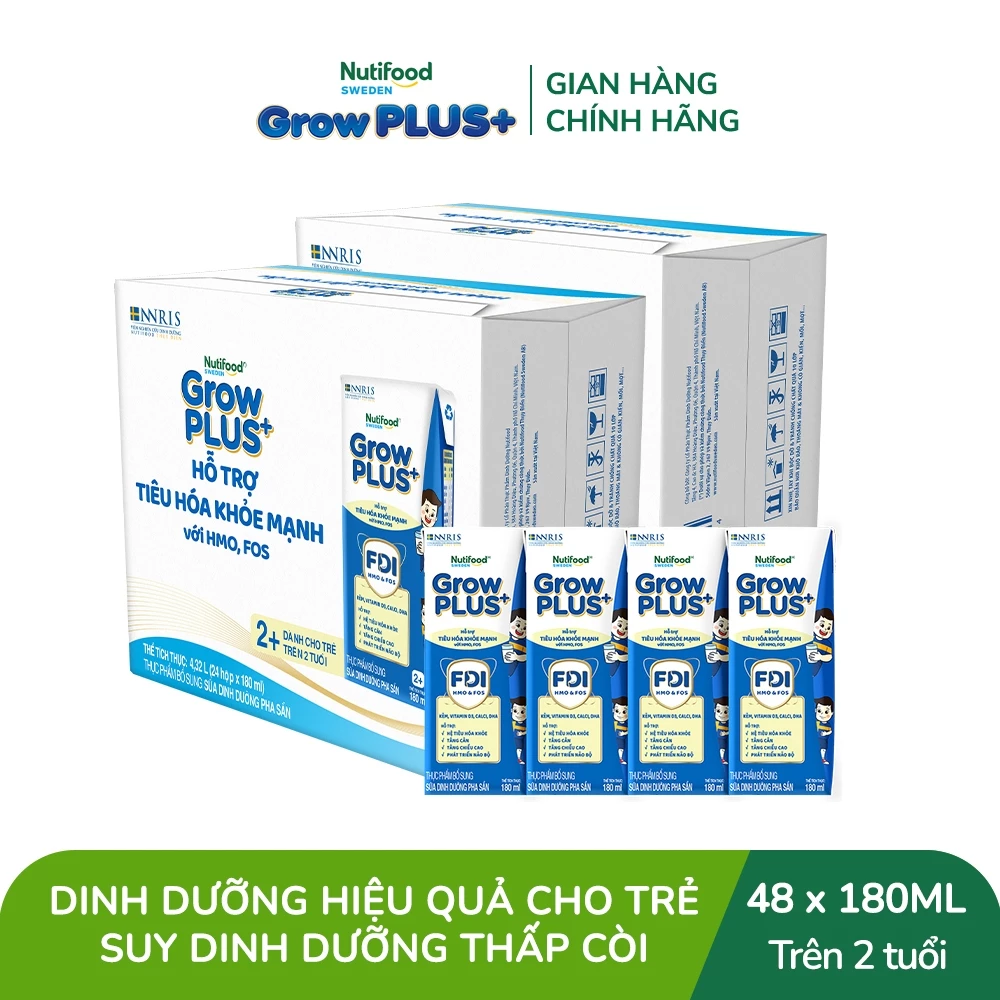 Sữa bột pha sẵn Nutifood Sweden GrowPLUS+ Tiêu Hóa (Xanh Nhạt) - Hỗ trợ tiêu hóa khỏe mạnh, bé tăng cân (48 hộp x 180ml)