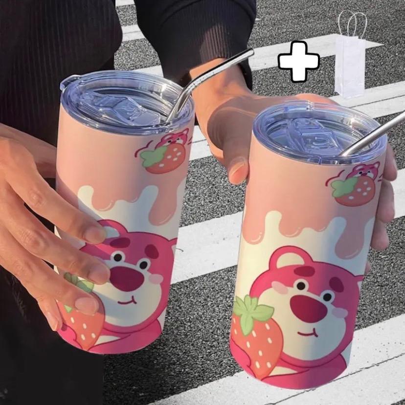 Ly Giữ Nhiệt Gấu Dâu Trà Sữa Lotso 600ml Giữ Nhiệt 6-8h, Có Nắp Chống Tràn