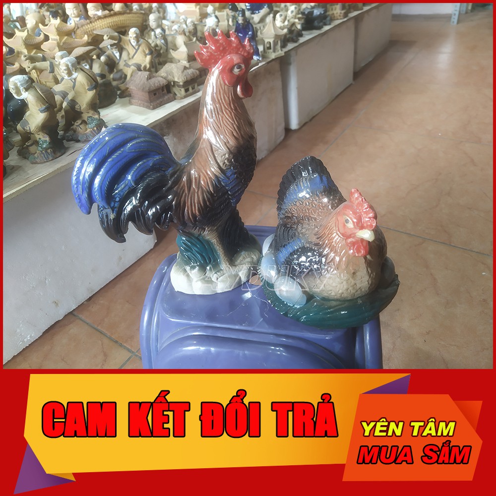 Mô Hình tiểu cảnh tượng gốm sứ cặp gà trống gà mái làm trang trí tiểu cảnh, cây bonsai và bể cá cảnh