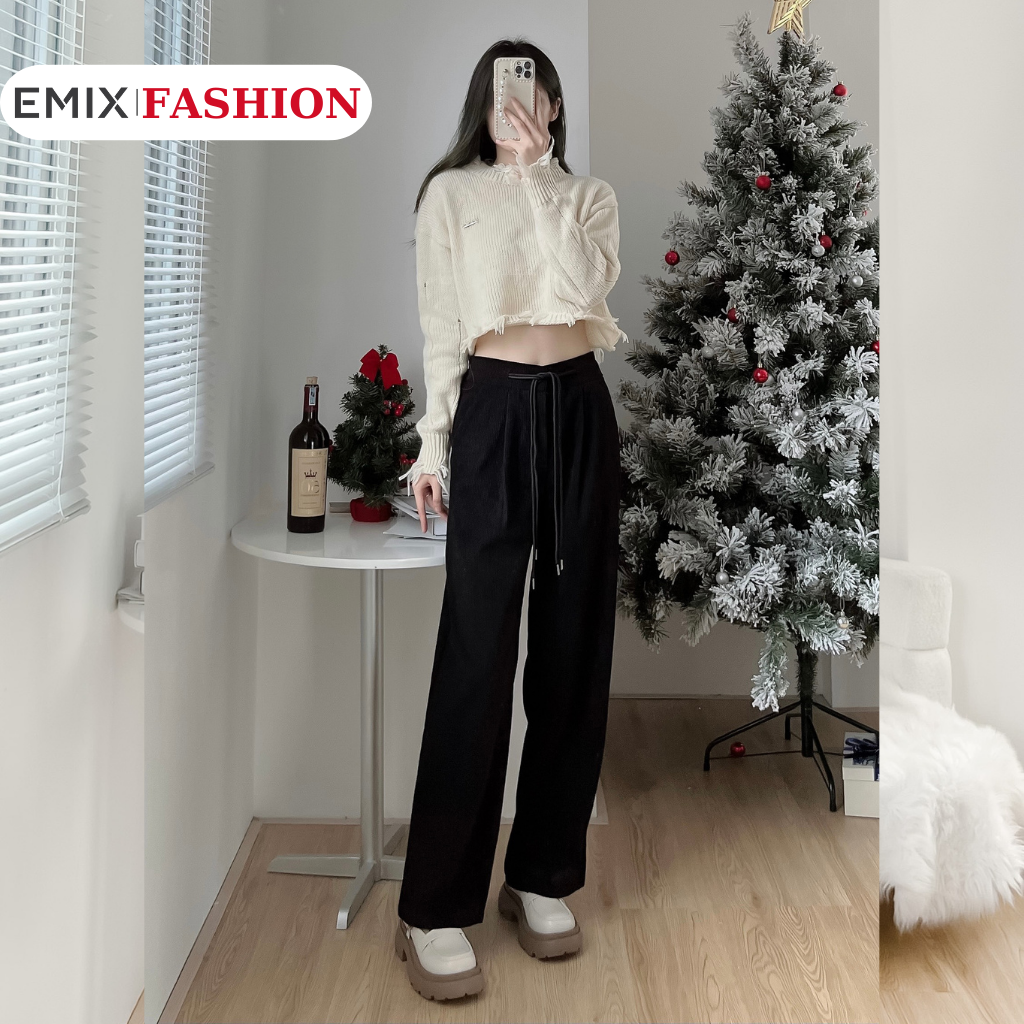 Quần nhung suông kèm dây EMIX, cạp cao, chun sau, ống suông dài 857