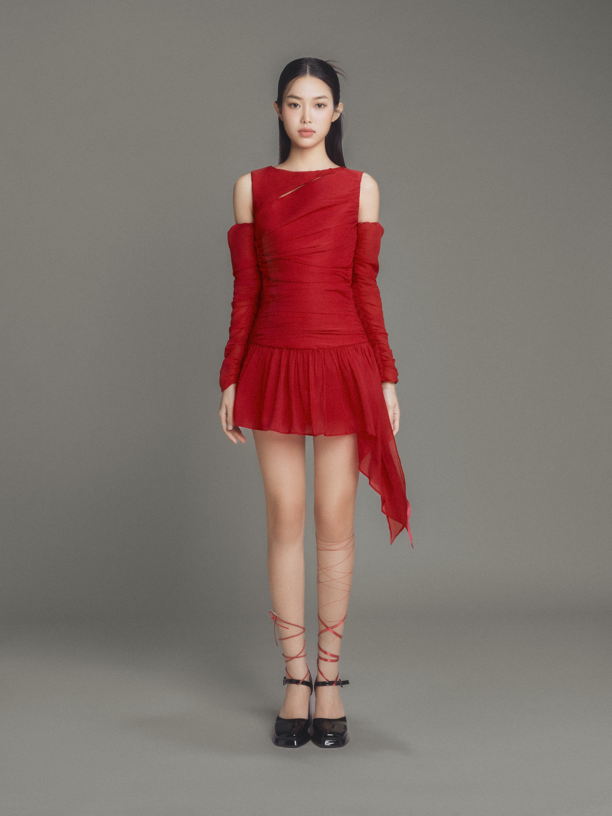 Đầm tơ xốp rút nhúng tà xéo | hanna dress - clélie
