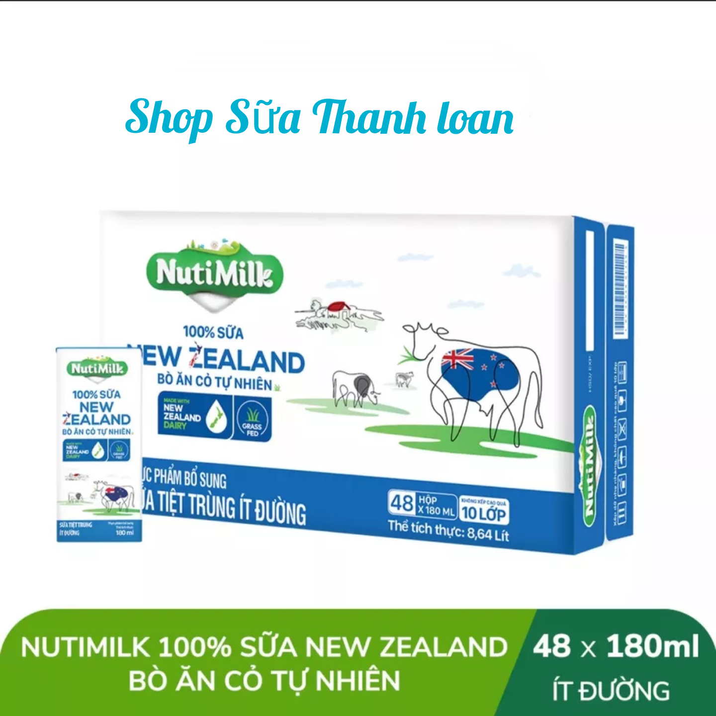 (HSD T10-2024) Thùng 100% Sữa New Zealand Bò Ăn Cỏ Tự Nhiên Ít Đường (48 hộp x 180ml).