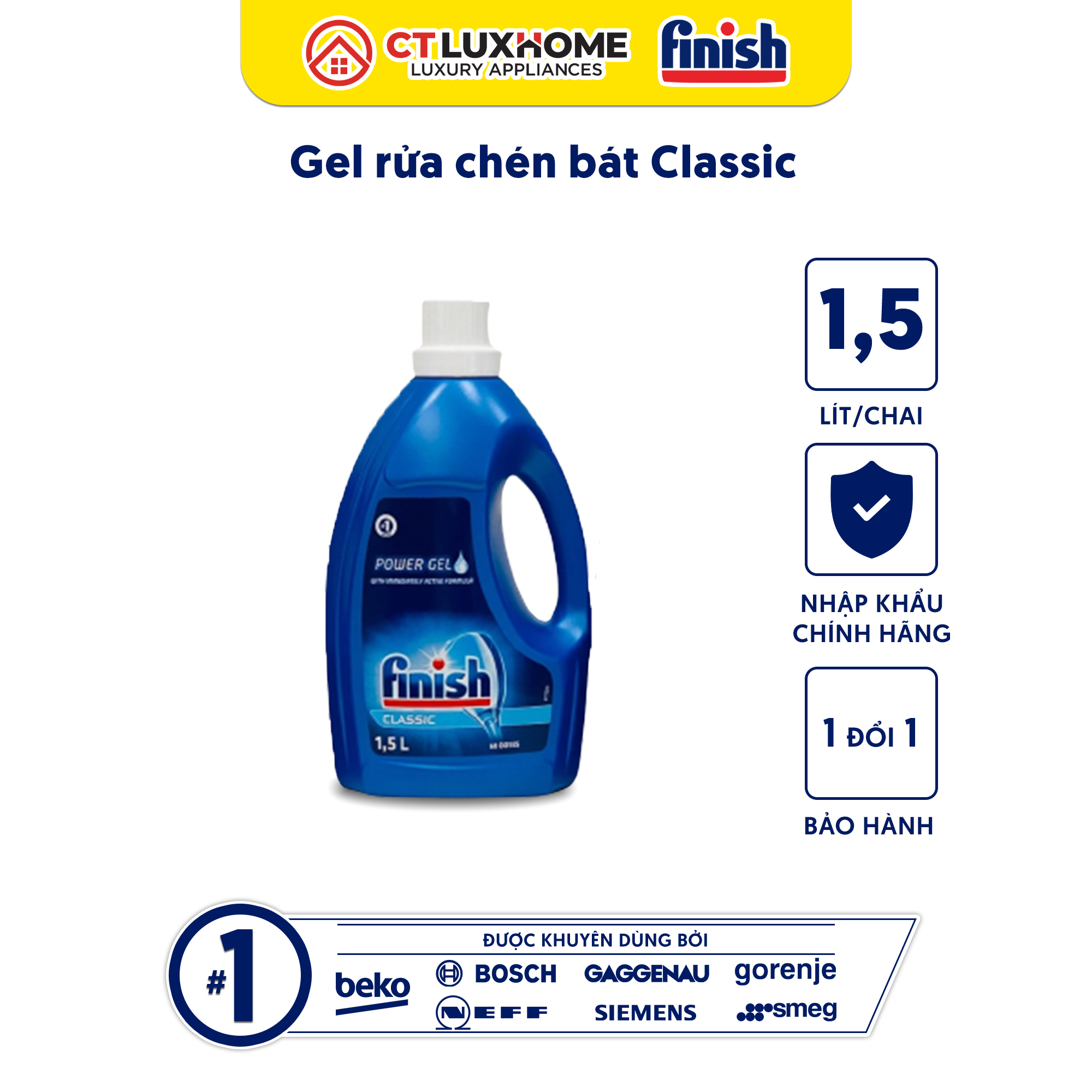 Gel rửa chén bát Finish Classic 1,5 lít [2 chức năng]