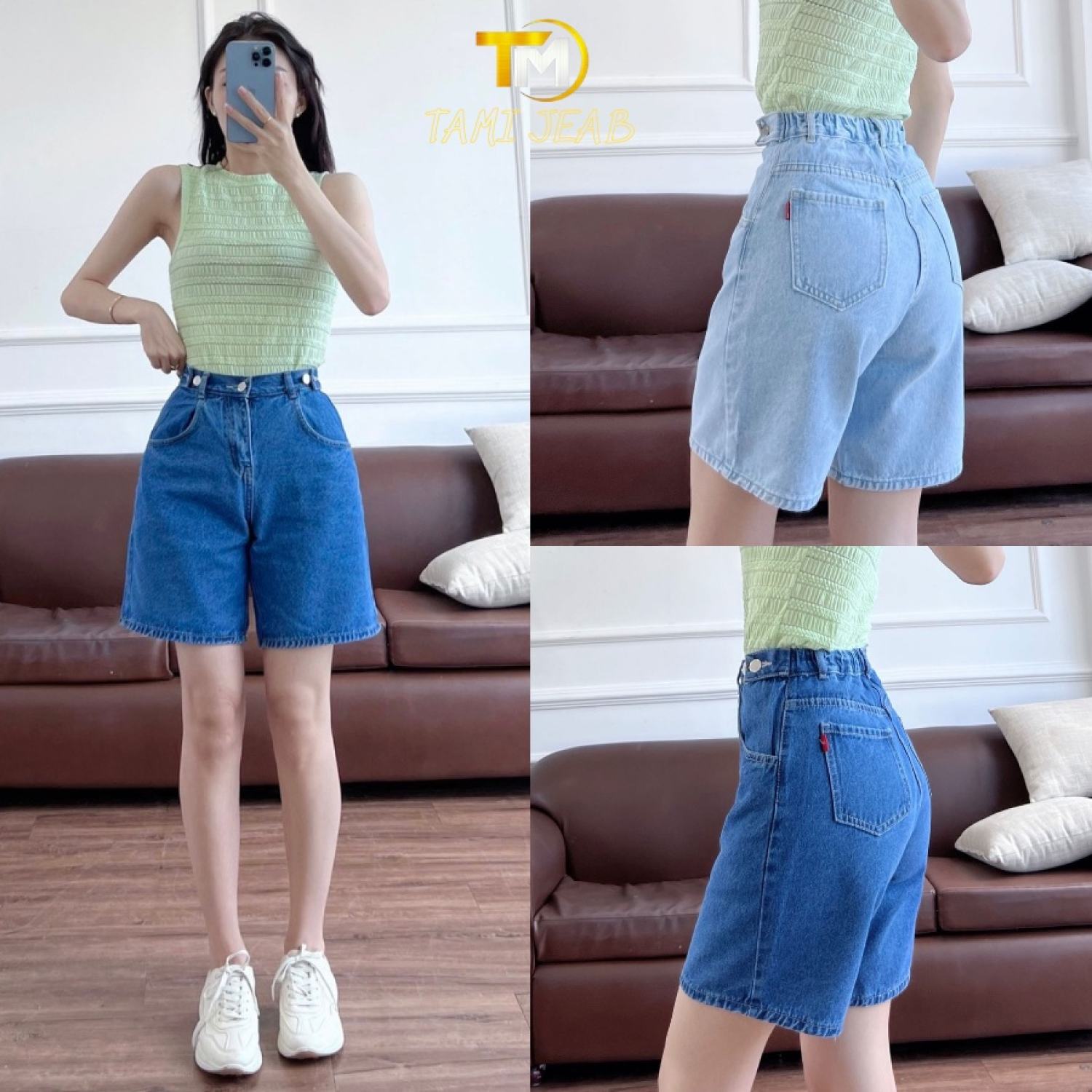 Quần short jean 5 nút chỉnh eo lưng chun,quần ngố lưng cao ống rộng cạp chun nữ
