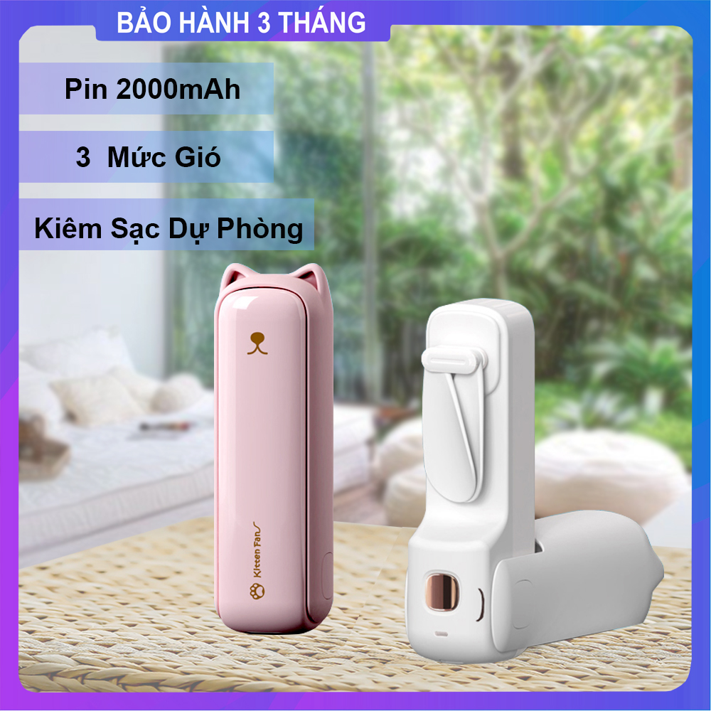 Quạt mini cầm tay kitten fan pin 2000mah | kiêm sạc dự phòng , đèn led