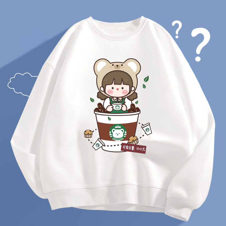 Áo Sweater Unisex Form Rộng Chất Nỉ Bông Cotton Dày Dặn In Hoạt Hình Màu Be In Hoạt Hình 3D Bé Cà Phe