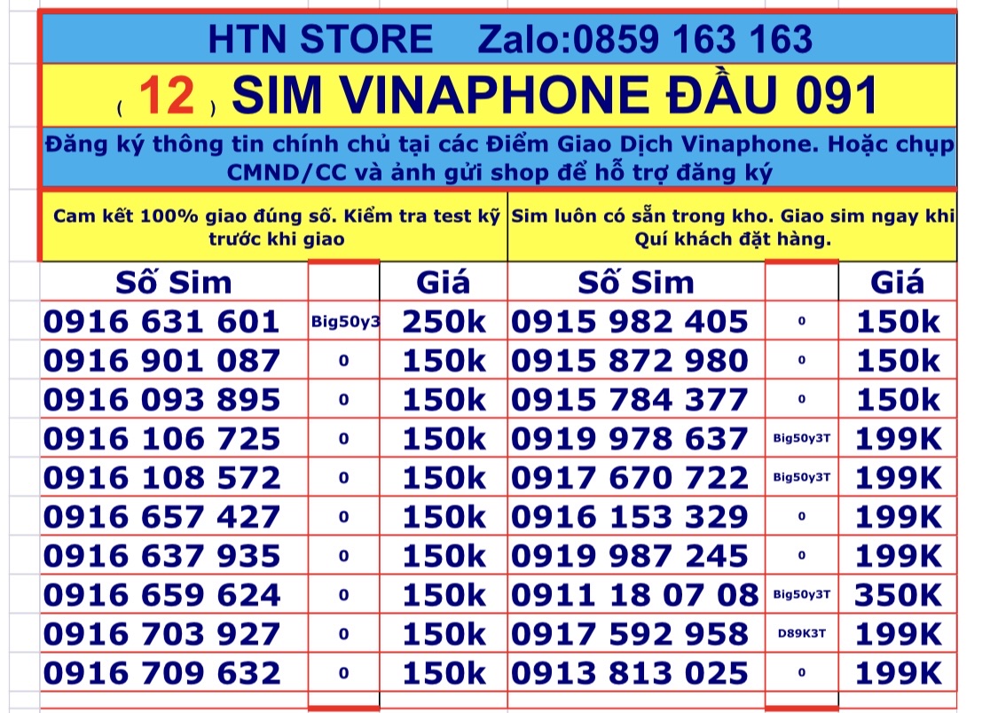 Sim vinaphone số đẹp đầu 091 vina trả trước sim nghe gọi và truy cập 4G, 5G - HTN