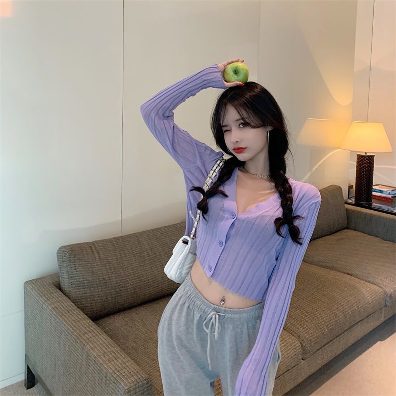Áo cardigan croptop khoác len dệt kim tay dài ulzzang kiểu mỏng H-4